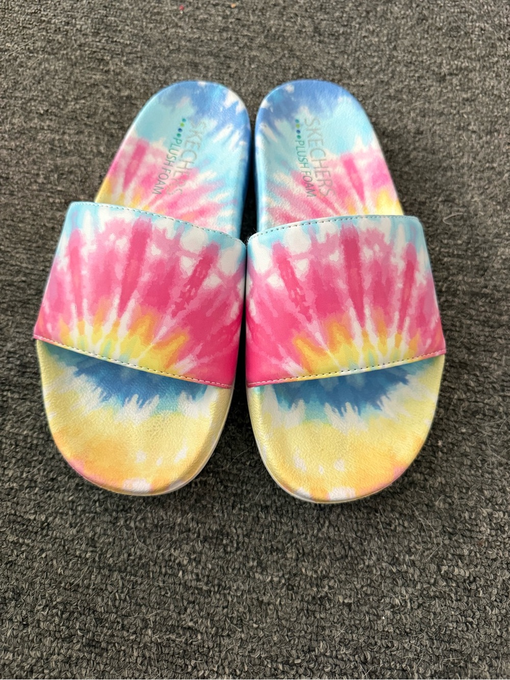 Skechers Tie-Dye Plush Foam Slide Sandals - Pink Blue Yellow - Picture 2 of 5